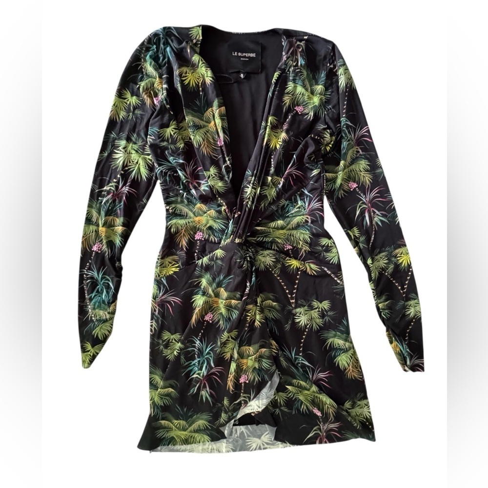 LE SUPERBE Long Sleeve Mini Baller Dress Jersey Palm Tree Print M NWT